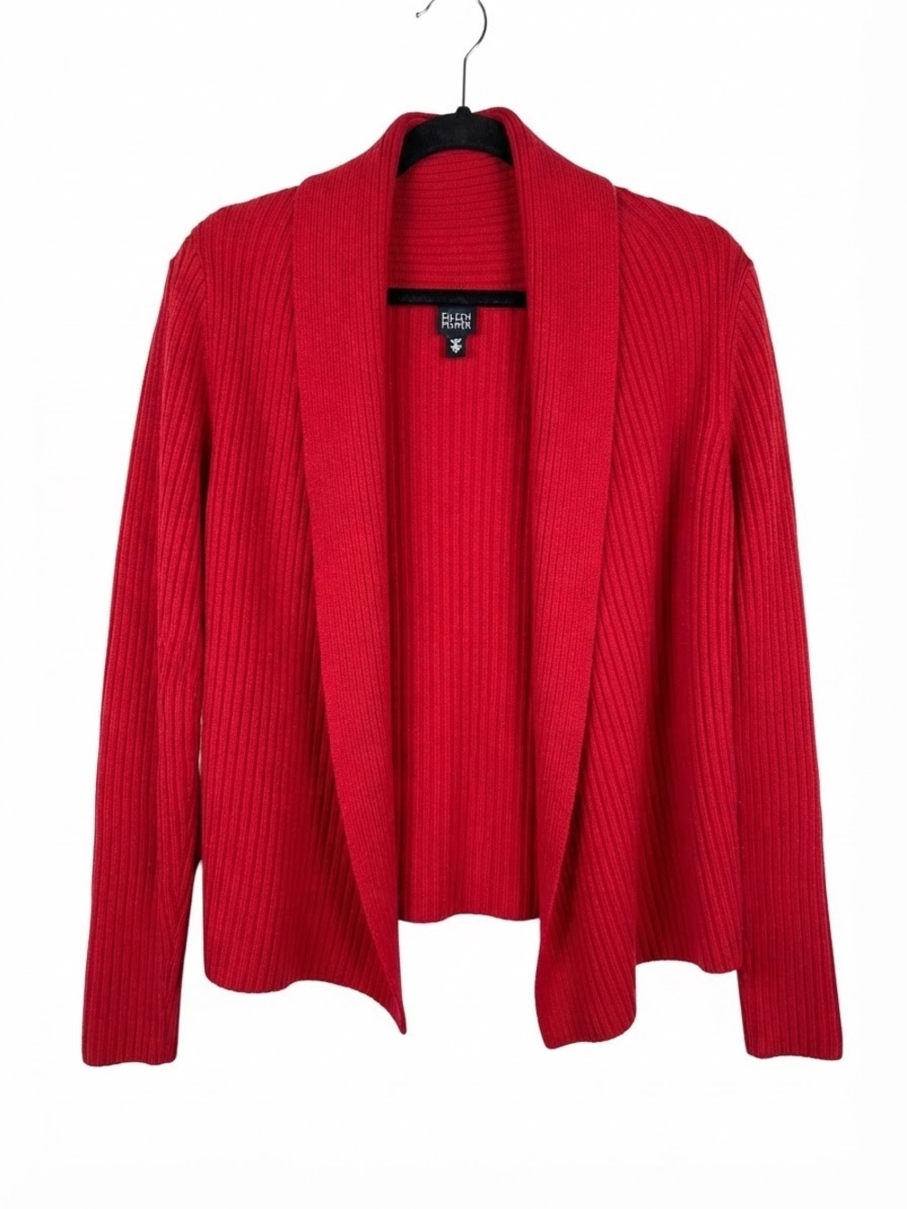 EILEEN FISHER Red Merino Wool Ribbed Cardigan Collar Open Front Sweater Large
